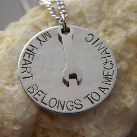 My Heart Belongs to a Mechanic Handstamped Necklace with Small Stainless Steel Wrench
